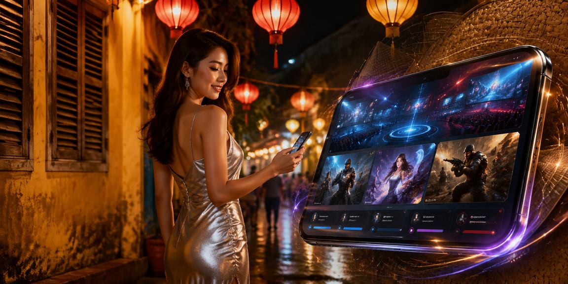 Người chơi esports tại Hội An với nón lá truyền thống và màn hình cá cược